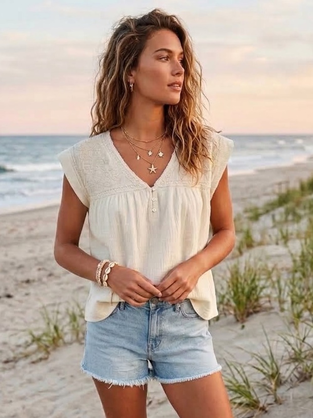 Lucky Brand Cream Embroidered Gauze Short Sleeve Top M Boho Soft Girl Prairie